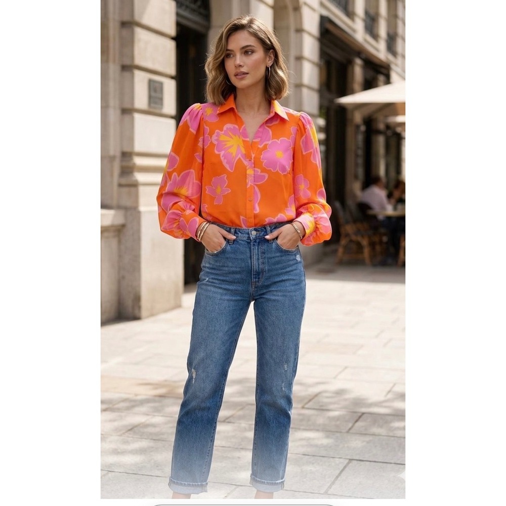 White Birch Orange Pink Floral Puff Sleeve Button Down Chiffon Blouse T24170XL S